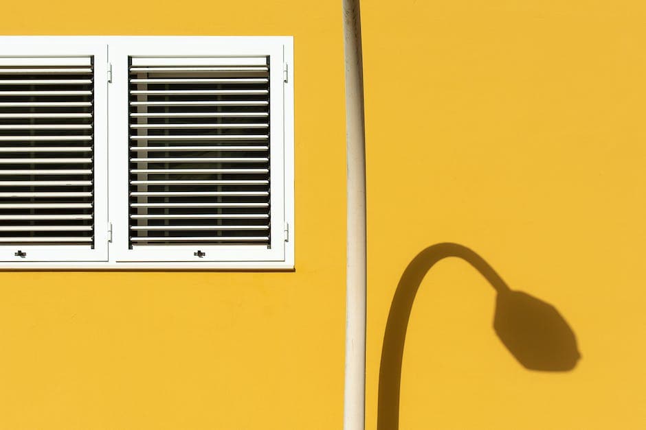 Foto van gele gebouwmuur en raam met witte luiken